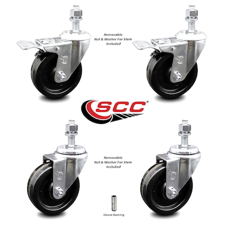 Service Caster 4 Inch Phenolic Swivel 12mm Threaded Stem Caster Total Lock Brake SCC, 2PK SCC-TSTTL20S414-PHS-M1215-2-S-2